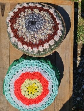 Vintage 70s Style Hand Crochet Round Boho Mandala Accent Throw Pillows Set of 2